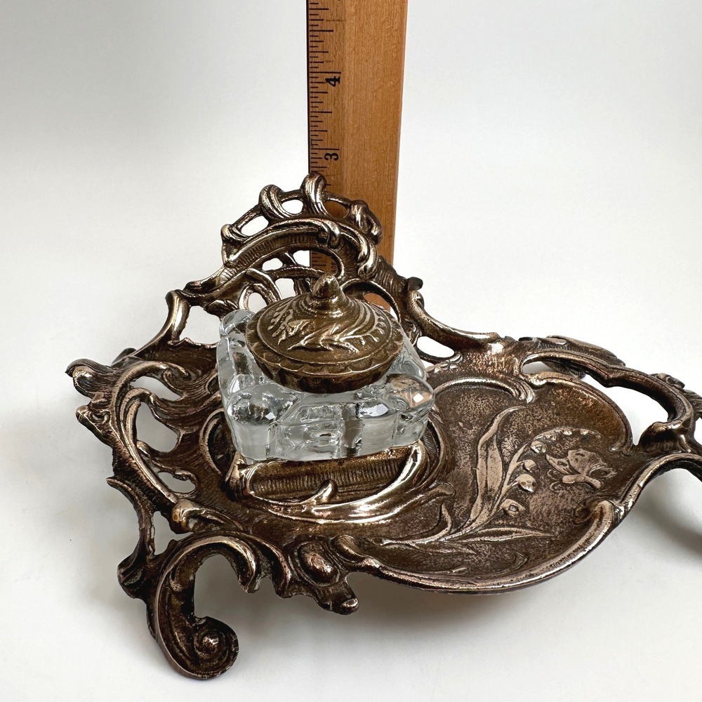Art Nouveau Brass Desk Inkwell Heavy Cast Metal Victorian Library Dark Academia - Picture 11 of 11